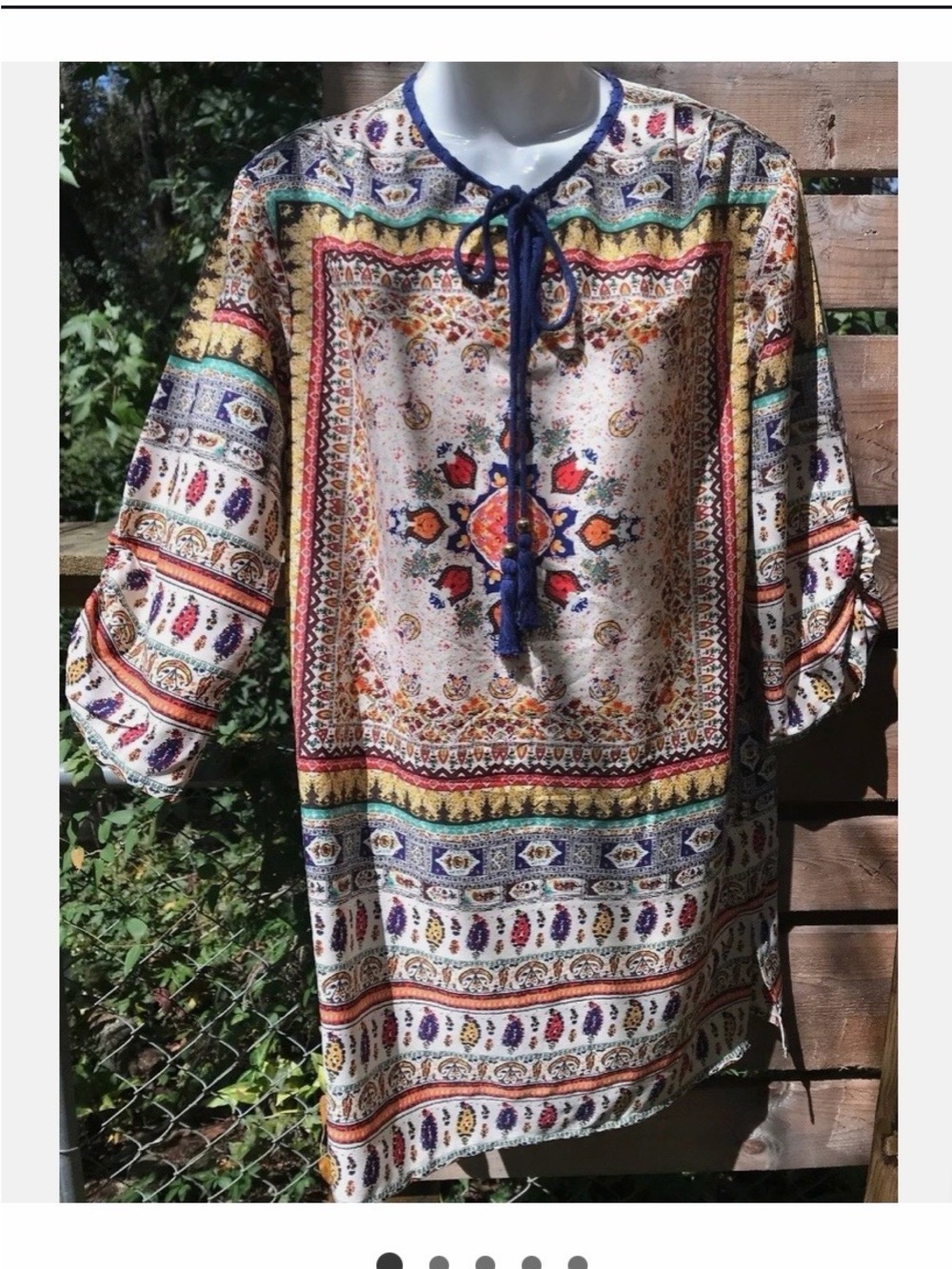 Boho Printed Peasant Dress with Tassel Tie - Multicolor